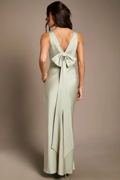 Robe de Demoiselle d'Honneur en Satin et Crêpe à Encolure Carrée avec Nœud au Dos