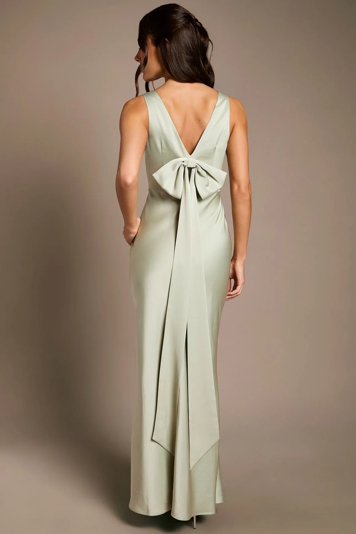 Robe de Demoiselle d'Honneur en Satin et Crêpe à Encolure Carrée avec Nœud au Dos