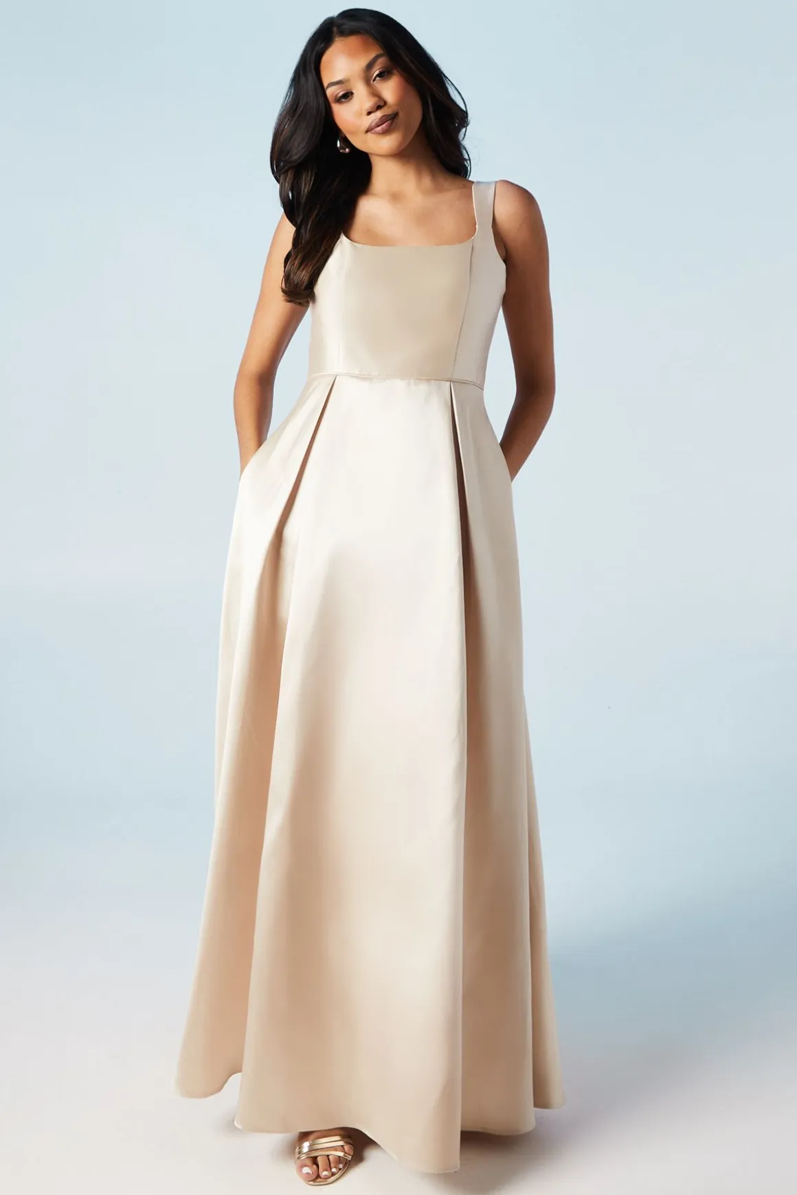 Robe de Demoiselle d'Honneur en Sergé à Col Rond et Jupe Ample