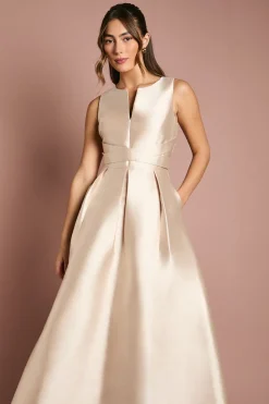Robe de Demoiselle d'Honneur en Sergé à Encolure Crantée Ajustée et Évasée