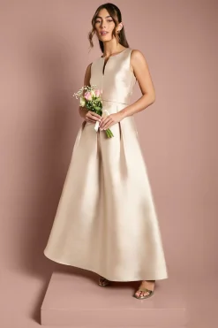 Robe de Demoiselle d'Honneur en Sergé à Encolure Crantée Ajustée et Évasée