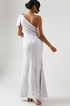 Robe de Demoiselle d'Honneur Imprimée à Nœud et Épaule Dénudée