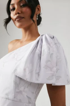 Robe de Demoiselle d'Honneur Imprimée à Nœud et Épaule Dénudée