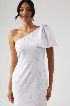 Robe de Demoiselle d'Honneur Imprimée à Nœud et Épaule Dénudée