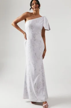 Robe de Demoiselle d'Honneur Imprimée à Nœud et Épaule Dénudée