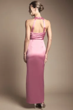 Robe de Demoiselle d'Honneur Longue en Satin à Col Drapé