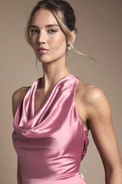Robe de Demoiselle d'Honneur Longue en Satin à Col Drapé
