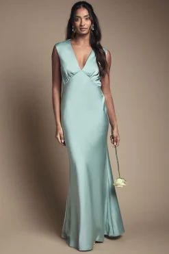 Robe de Demoiselle d'Honneur Longue en Satin avec Détail Dos Ouvert