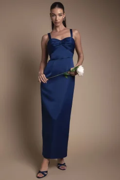 Robe de Demoiselle d'Honneur Longue à Décolleté Cœur avec Nœud Devant et Bretelles Amovibles