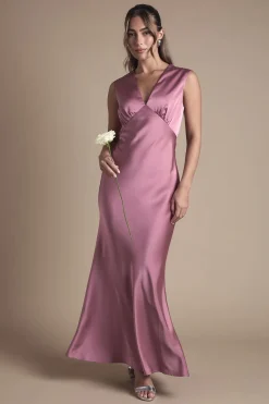 Robe De Demoiselle D'honneur Longue En Satin Rose Avec Dos Ouvert