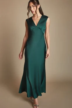 Robe De Demoiselle D'honneur Longue En Satin Émeraude Avec Dos Ouvert