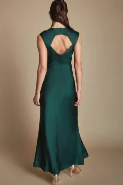 Robe De Demoiselle D'honneur Longue En Satin Émeraude Avec Dos Ouvert