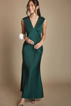 Robe De Demoiselle D'honneur Longue En Satin Émeraude Avec Dos Ouvert