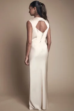 Robe De Demoiselle D'honneur Longue En Satin Champagne Avec Dos Ouvert