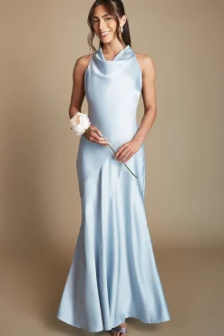 Robe De Demoiselle D'honneur Longue En Satin Bleu Clair À Col Bénitier Dos Nu