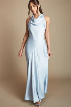 Robe De Demoiselle D'honneur Longue En Satin Bleu Clair À Col Bénitier Dos Nu