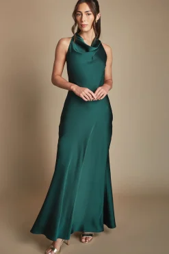 Robe De Demoiselle D'honneur Longue En Satin Émeraude À Col Bénitier Et Dos Nu