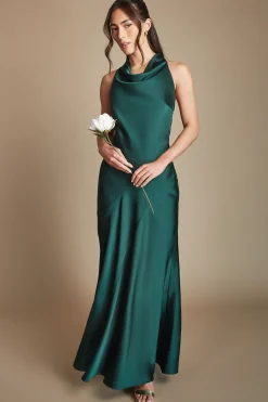 Robe De Demoiselle D'honneur Longue En Satin Émeraude À Col Bénitier Et Dos Nu