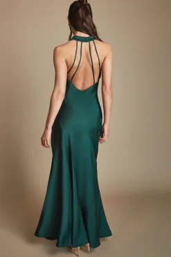 Robe De Demoiselle D'honneur Longue En Satin Émeraude À Col Bénitier Et Dos Nu