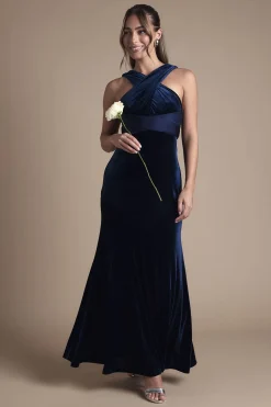Robe de Demoiselle d'Honneur Longue en Velours à Col Halter et Coupe Sirène