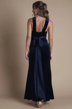 Robe de Demoiselle d'Honneur Longue en Velours à Col Halter et Coupe Sirène