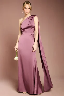 Robe de Demoiselle d'Honneur Longue en Satin à Une Épaule avec Drapé Coast Honoured