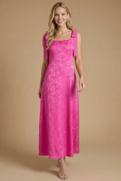 Robe De Demoiselle D'honneur Longue En Jacquard Satin À Encolure Carrée Et Épaules Nouées En Mousseline Rose Vif Petite
