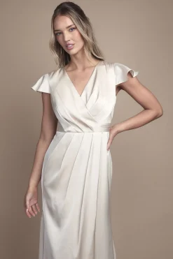 Robe de Demoiselle d'Honneur Longue à Manches Volantées et Devant Croisé