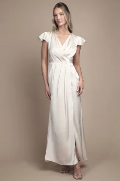 Robe de Demoiselle d'Honneur Longue à Manches Volantées et Devant Croisé