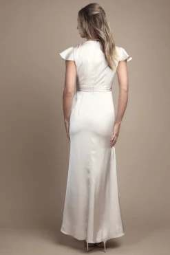 Robe de Demoiselle d'Honneur Longue à Manches Volantées et Devant Croisé