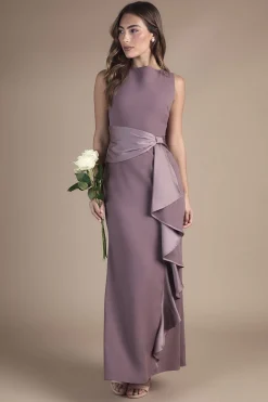 Robe de Demoiselle d'Honneur Longue sans Manches à Col Rond avec Ceinture