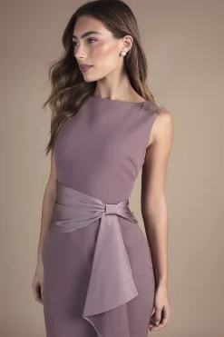 Robe de Demoiselle d'Honneur Longue sans Manches à Col Rond avec Ceinture