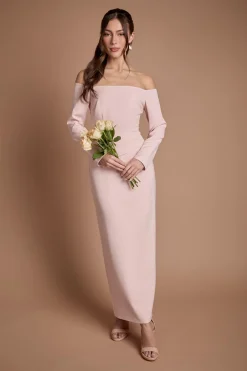 Robe De Demoiselle D'honneur Longue À Manches Longues En Crêpe Avec Décolleté Bardot