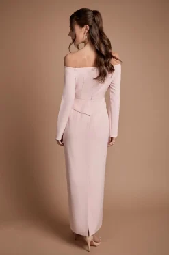Robe De Demoiselle D'honneur Longue À Manches Longues En Crêpe Avec Décolleté Bardot