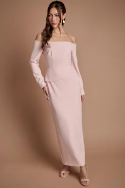Robe De Demoiselle D'honneur Longue À Manches Longues En Crêpe Avec Décolleté Bardot