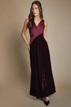 Robe de Demoiselle d'Honneur Longue en Velours à Col V et Jupe Ample