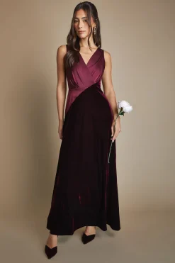 Robe de Demoiselle d'Honneur Longue en Velours à Col V et Jupe Ample