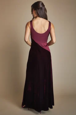 Robe de Demoiselle d'Honneur Longue en Velours à Col V et Jupe Ample