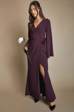 Robe de Demoiselle d'Honneur Longue en Crêpe à Manches Longues et Taille Portefeuille