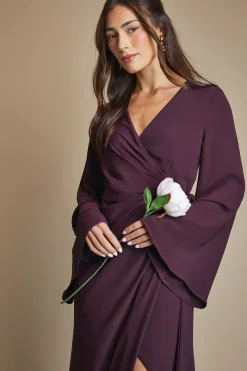 Robe de Demoiselle d'Honneur Longue en Crêpe à Manches Longues et Taille Portefeuille