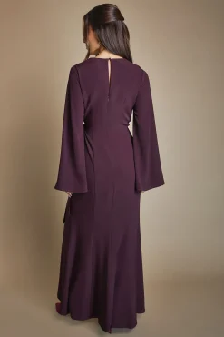 Robe de Demoiselle d'Honneur Longue en Crêpe à Manches Longues et Taille Portefeuille