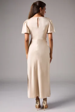 Robe de Demoiselle d'Honneur Mi-Longue en Satin avec Manches Ange Torsadées