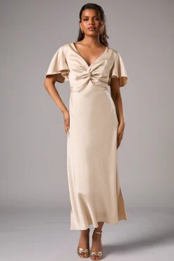 Robe de Demoiselle d'Honneur Mi-Longue en Satin avec Manches Ange Torsadées