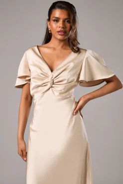 Robe de Demoiselle d'Honneur Mi-Longue en Satin avec Manches Ange Torsadées