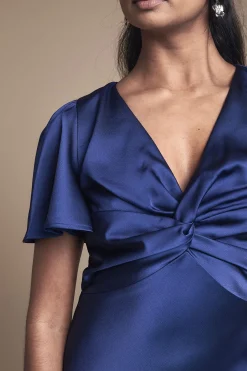 Oasis Robe de Demoiselle d'Honneur Mi-Longue en Satin à Manches Papillon et Drapé Croisé<Femme Robes Demoiselles D'Honneur|Robes Mi-Longues