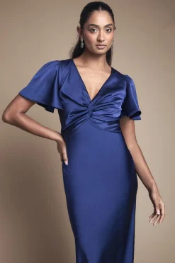 Oasis Robe de Demoiselle d'Honneur Mi-Longue en Satin à Manches Papillon et Drapé Croisé<Femme Robes Demoiselles D'Honneur|Robes Mi-Longues