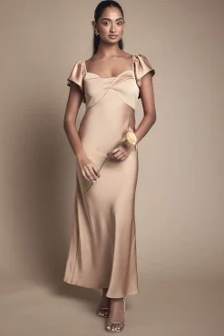 Robe de Demoiselle d'Honneur à Manches Ange et Détail Torsadé Devant
