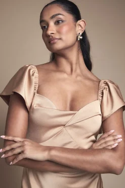 Robe de Demoiselle d'Honneur à Manches Ange et Détail Torsadé Devant