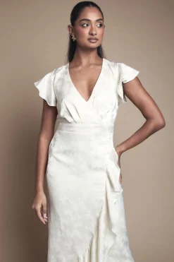Robe de Demoiselle d'Honneur Mi-Longue en Jacquard Satiné à Ourlet Volants