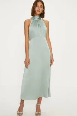 Robe de Demoiselle d'Honneur Mi-Longue en Satin à Col Licou